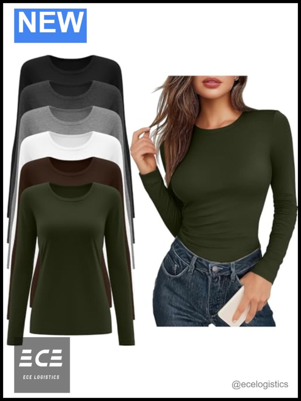 6 Pack Women's Long Sleeve Crew Neck Fitted Cotton Blend Tee Shirts